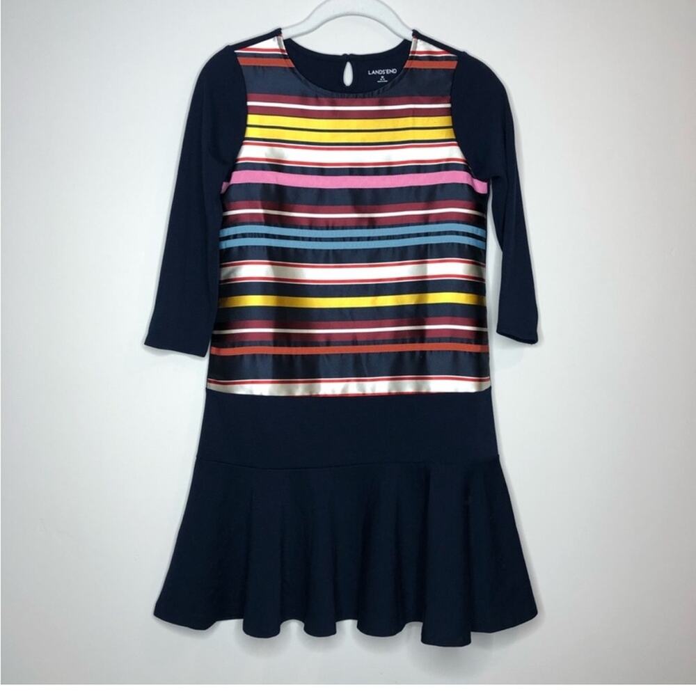 Lands end girls navy blue and multicolor striped dress
